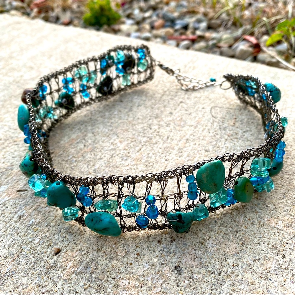 Sterling silver turquoise aquamarine choker necklace